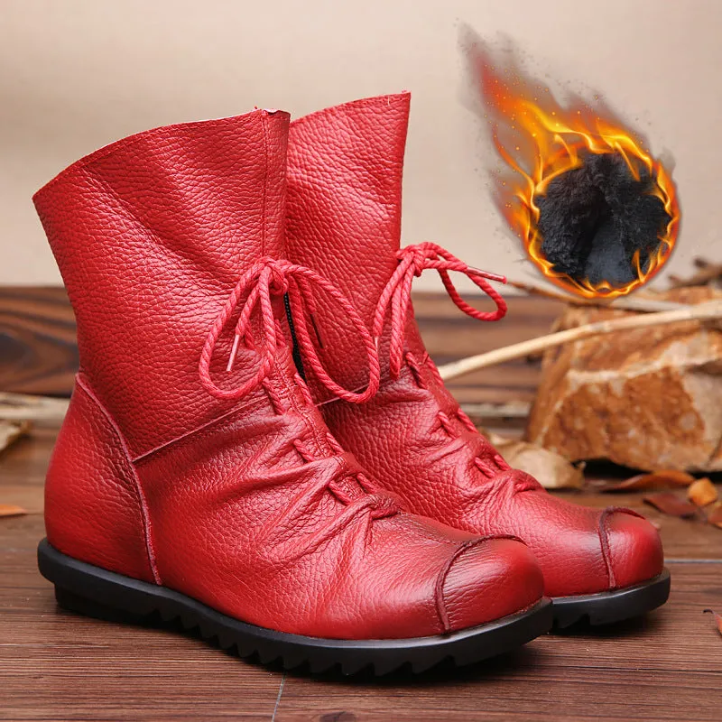 National Style Top Layer Cowhide Short Boots Women's