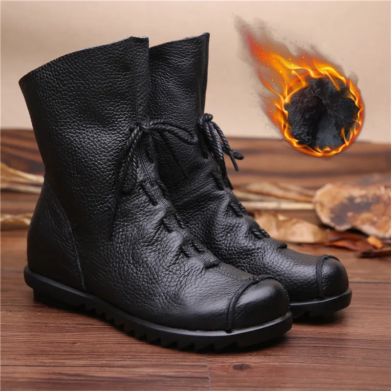 National Style Top Layer Cowhide Short Boots Women's