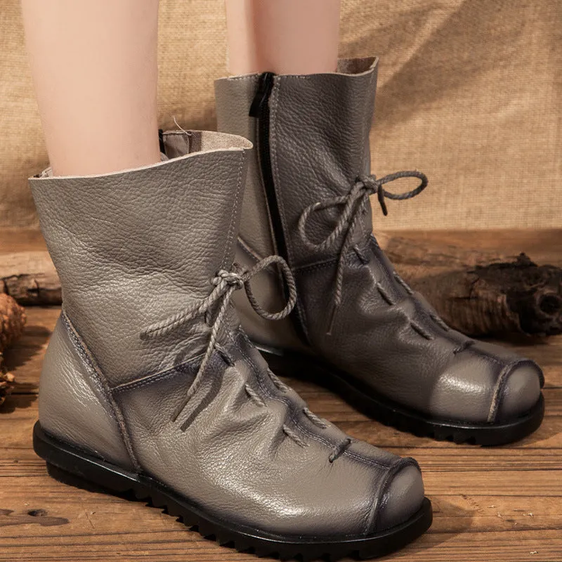 National Style Top Layer Cowhide Short Boots Women's