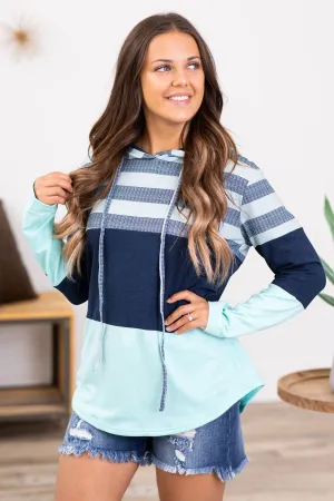 Navy and Aqua Colorblock Hooded Pullover