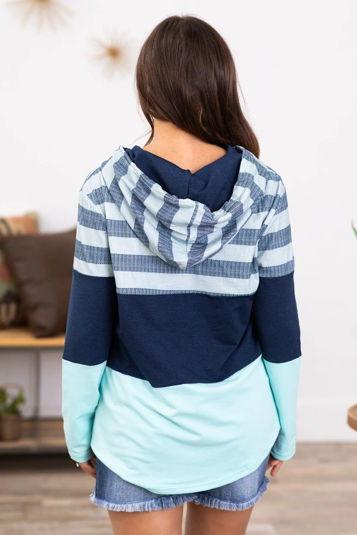 Navy and Aqua Colorblock Hooded Pullover