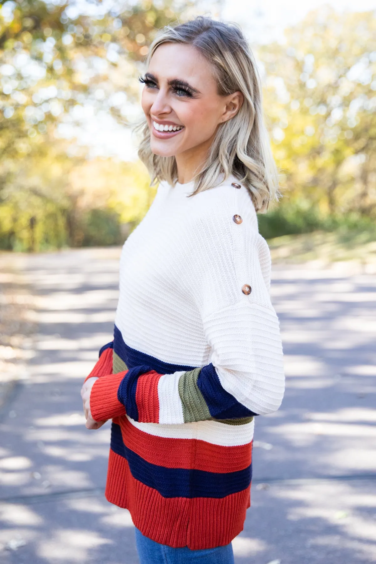 Navy and Orange Colorblock Stripe Sweater