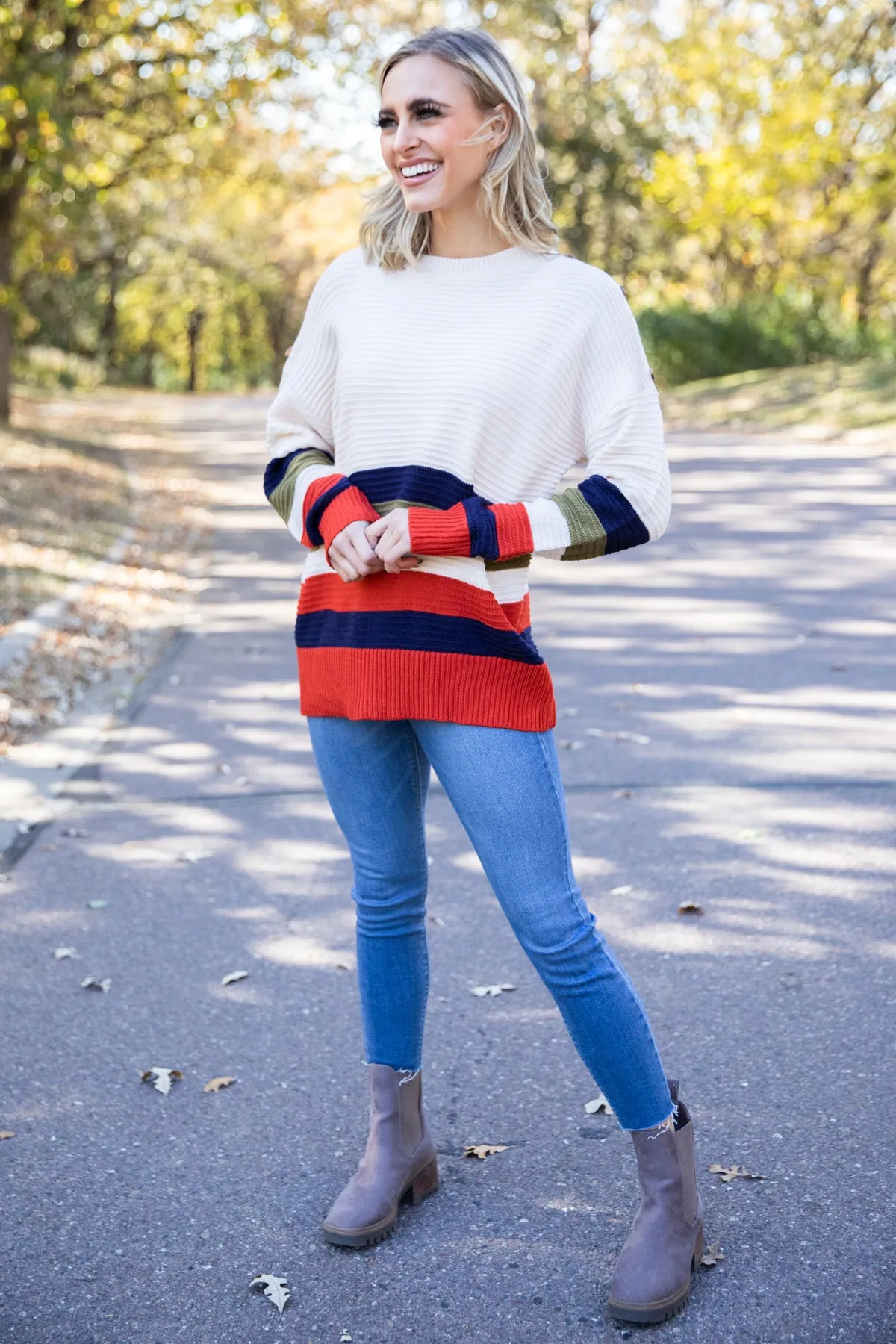 Navy and Orange Colorblock Stripe Sweater