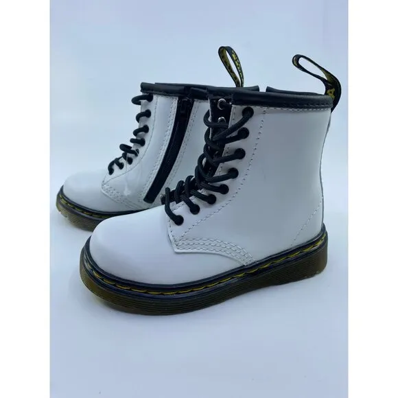 NEW Dr. Martens Toddler White Leather Lace-Up Boots With Side Zip Size 7