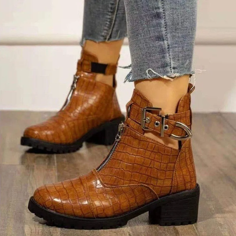New Martin Boots Thick Heel Buckle Strap Crocodile Print Mid Heel Short Tube Women's Shoes