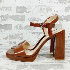 NEW  Steve Madden Persepolis Cognac Patent Ankle Strap Heeled Sandals D482