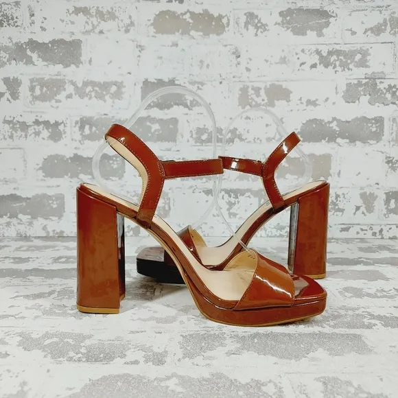 NEW  Steve Madden Persepolis Cognac Patent Ankle Strap Heeled Sandals D482