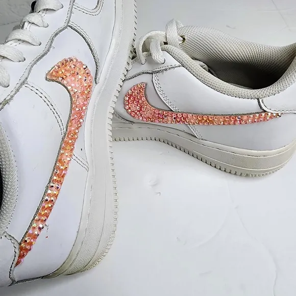 Nike Air Force 1 AF1 Sneakers White w Custom Pink Rhinestone Swoosh Size 7Y