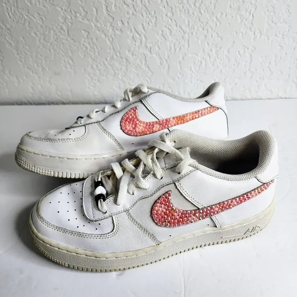Nike Air Force 1 AF1 Sneakers White w Custom Pink Rhinestone Swoosh Size 7Y