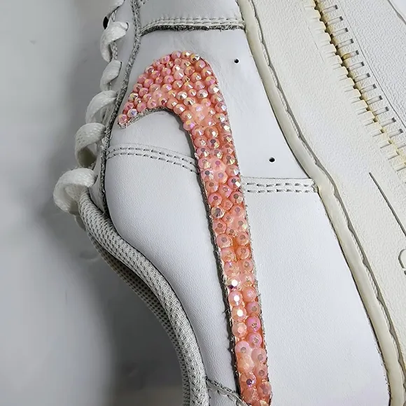 Nike Air Force 1 AF1 Sneakers White w Custom Pink Rhinestone Swoosh Size 7Y