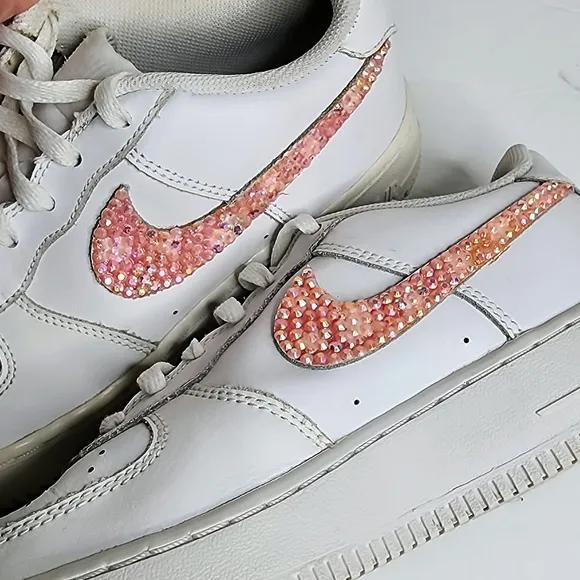Nike Air Force 1 AF1 Sneakers White w Custom Pink Rhinestone Swoosh Size 7Y