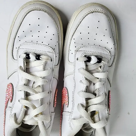 Nike Air Force 1 AF1 Sneakers White w Custom Pink Rhinestone Swoosh Size 7Y