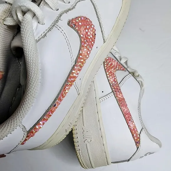 Nike Air Force 1 AF1 Sneakers White w Custom Pink Rhinestone Swoosh Size 7Y