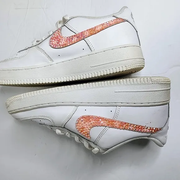 Nike Air Force 1 AF1 Sneakers White w Custom Pink Rhinestone Swoosh Size 7Y