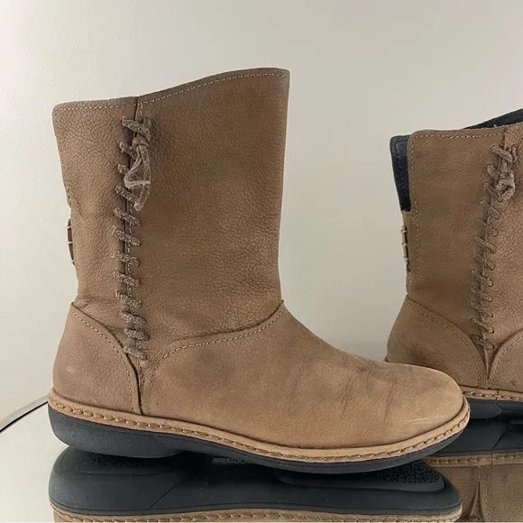 OLUKAI Tan Nubuck Leather Suede O Waho Whipstitch Tassel Slip On Mid Calf Boots
