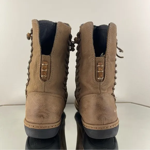 OLUKAI Tan Nubuck Leather Suede O Waho Whipstitch Tassel Slip On Mid Calf Boots
