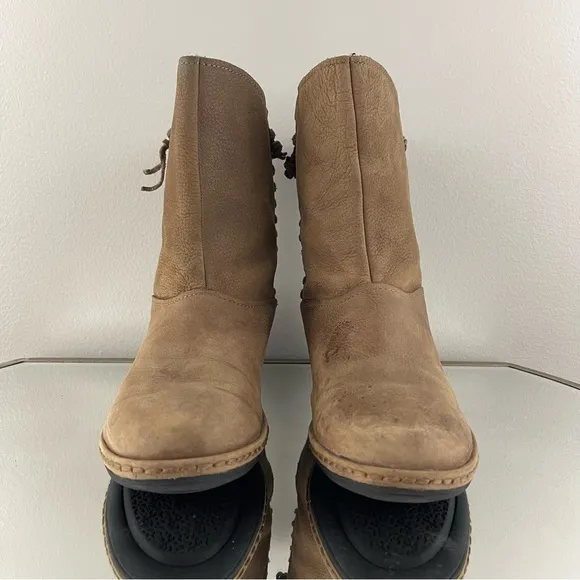 OLUKAI Tan Nubuck Leather Suede O Waho Whipstitch Tassel Slip On Mid Calf Boots