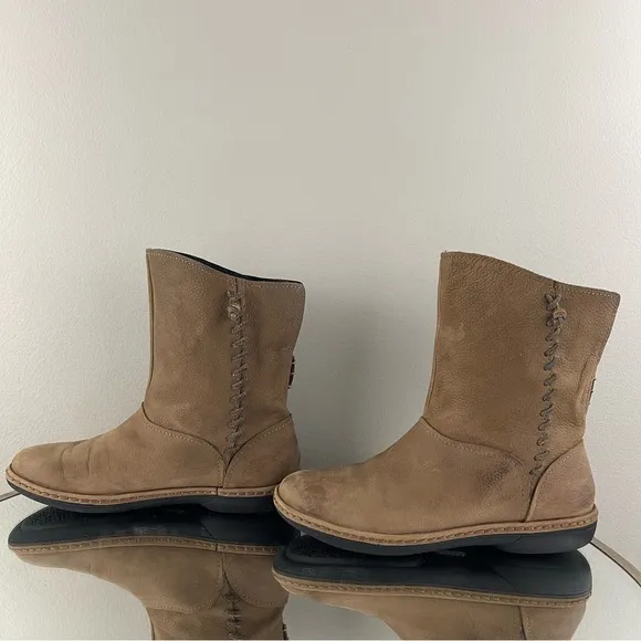 OLUKAI Tan Nubuck Leather Suede O Waho Whipstitch Tassel Slip On Mid Calf Boots