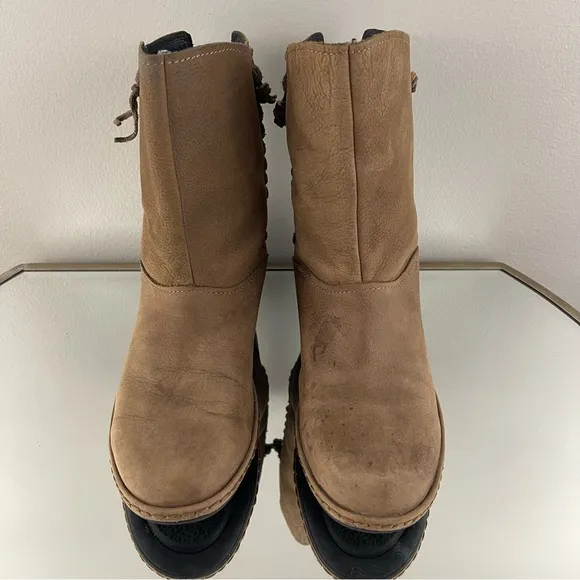 OLUKAI Tan Nubuck Leather Suede O Waho Whipstitch Tassel Slip On Mid Calf Boots