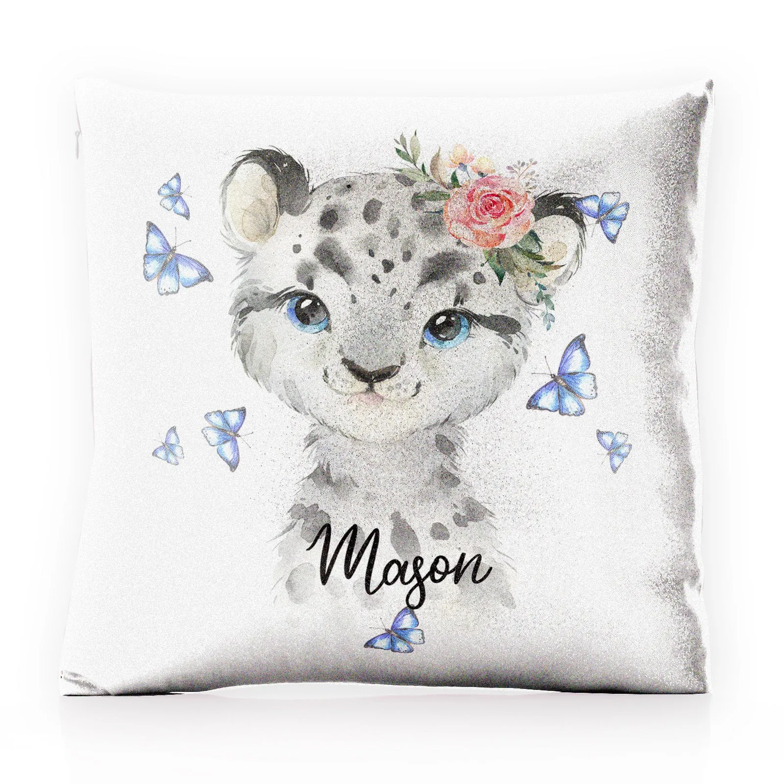Personalised Glitter Cushion with Snow Leopard Blue Butterflies and Cute Text