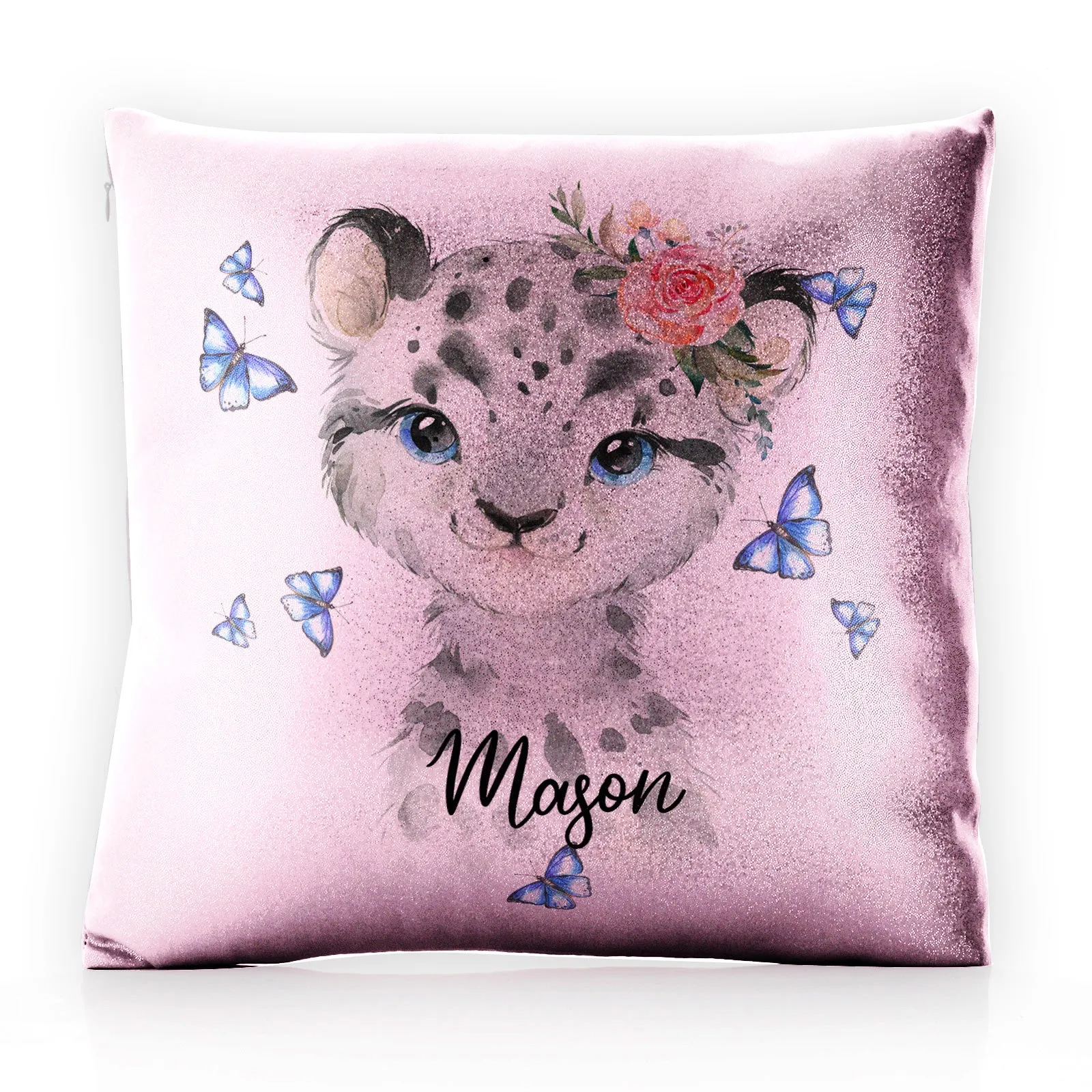 Personalised Glitter Cushion with Snow Leopard Blue Butterflies and Cute Text