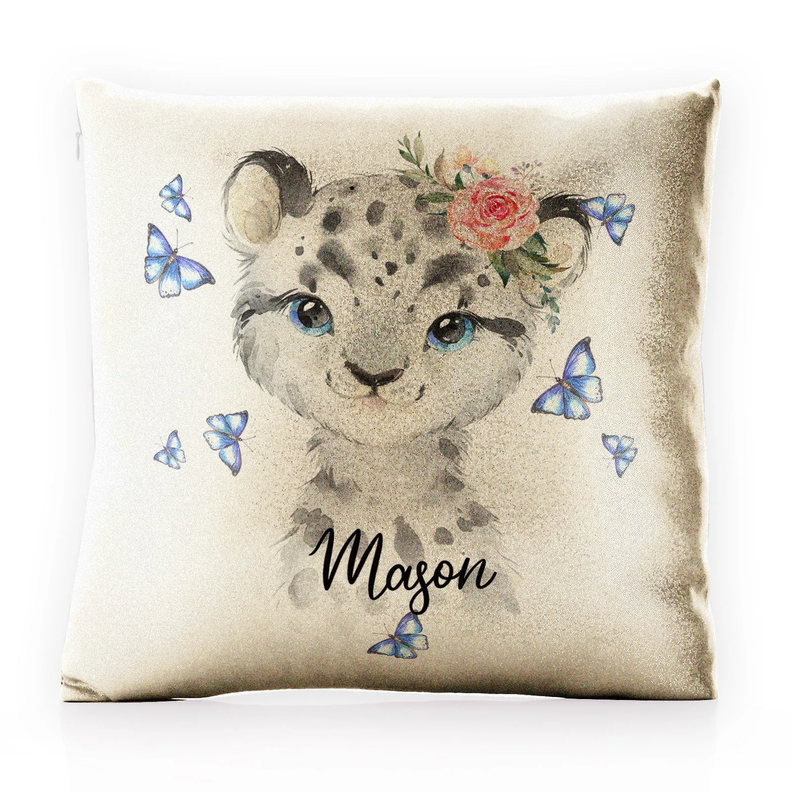 Personalised Glitter Cushion with Snow Leopard Blue Butterflies and Cute Text