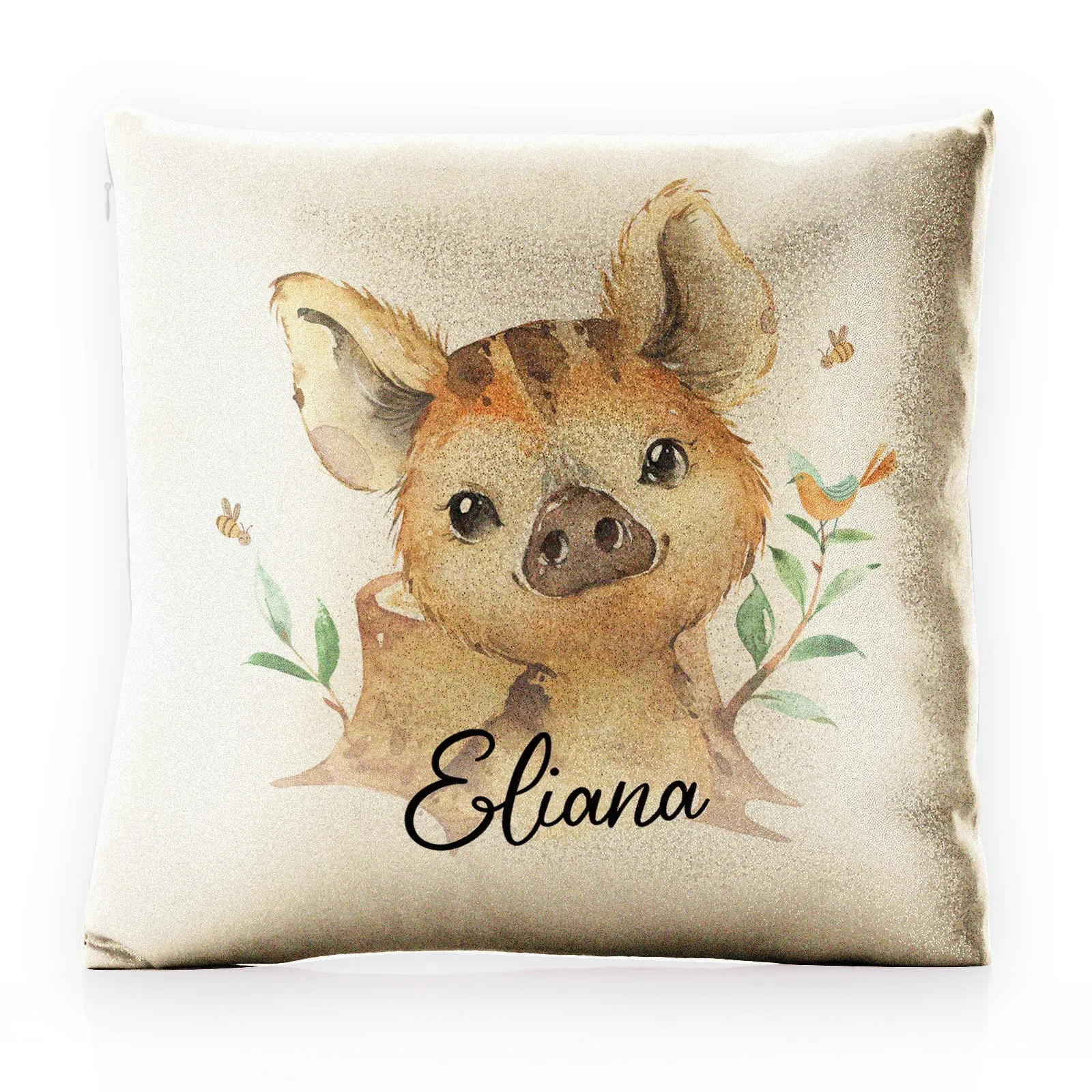 Personalised Glitter Cushion with Wild Boar Piglet with Bird and Bees and Cute Text