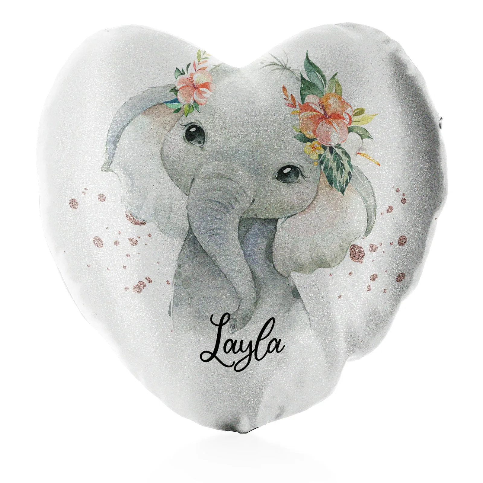 Personalised Glitter Heart Cushion with Elephant Rain Drop Glitter Print and Cute Text