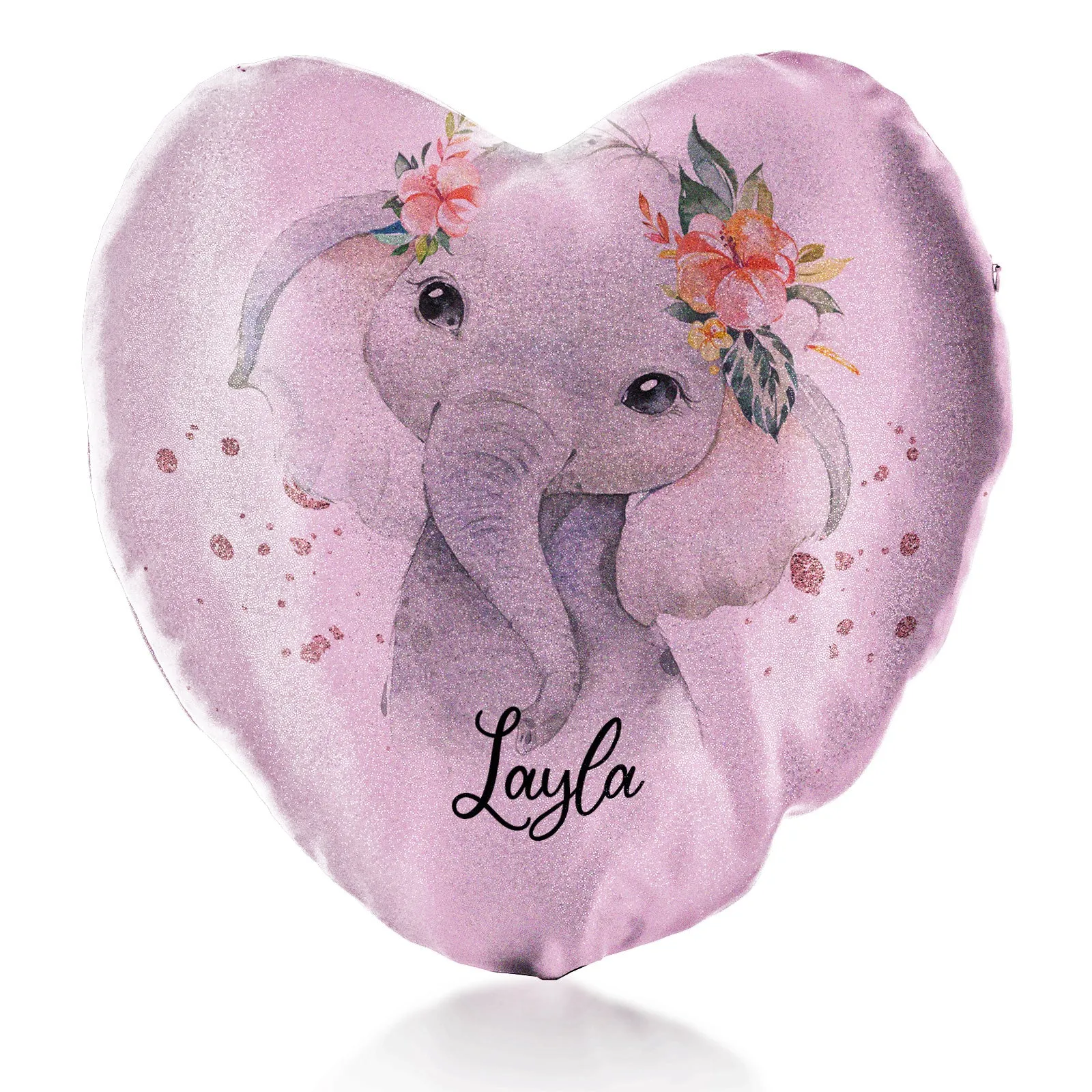 Personalised Glitter Heart Cushion with Elephant Rain Drop Glitter Print and Cute Text