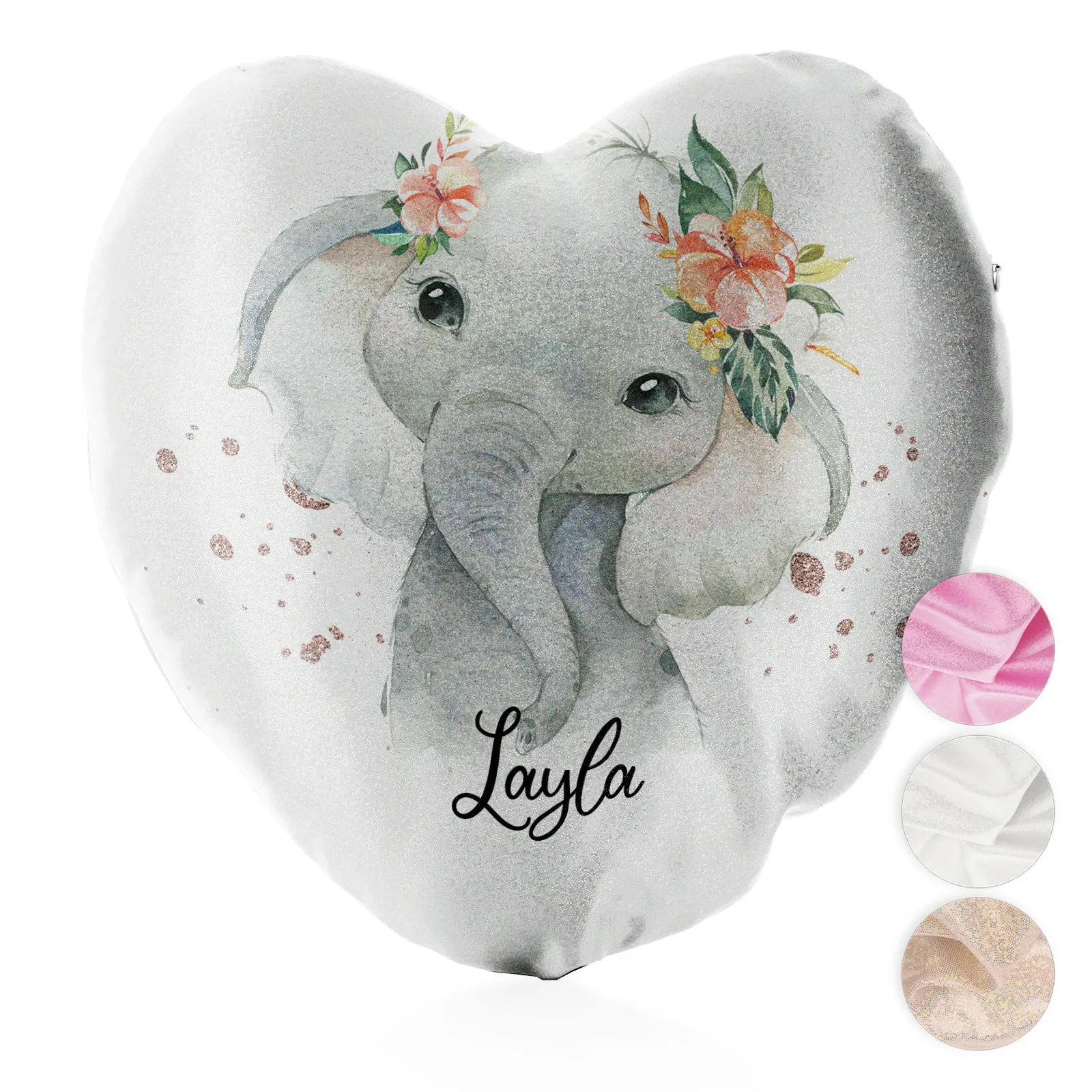 Personalised Glitter Heart Cushion with Elephant Rain Drop Glitter Print and Cute Text