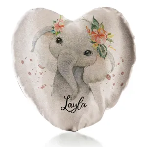 Personalised Glitter Heart Cushion with Elephant Rain Drop Glitter Print and Cute Text
