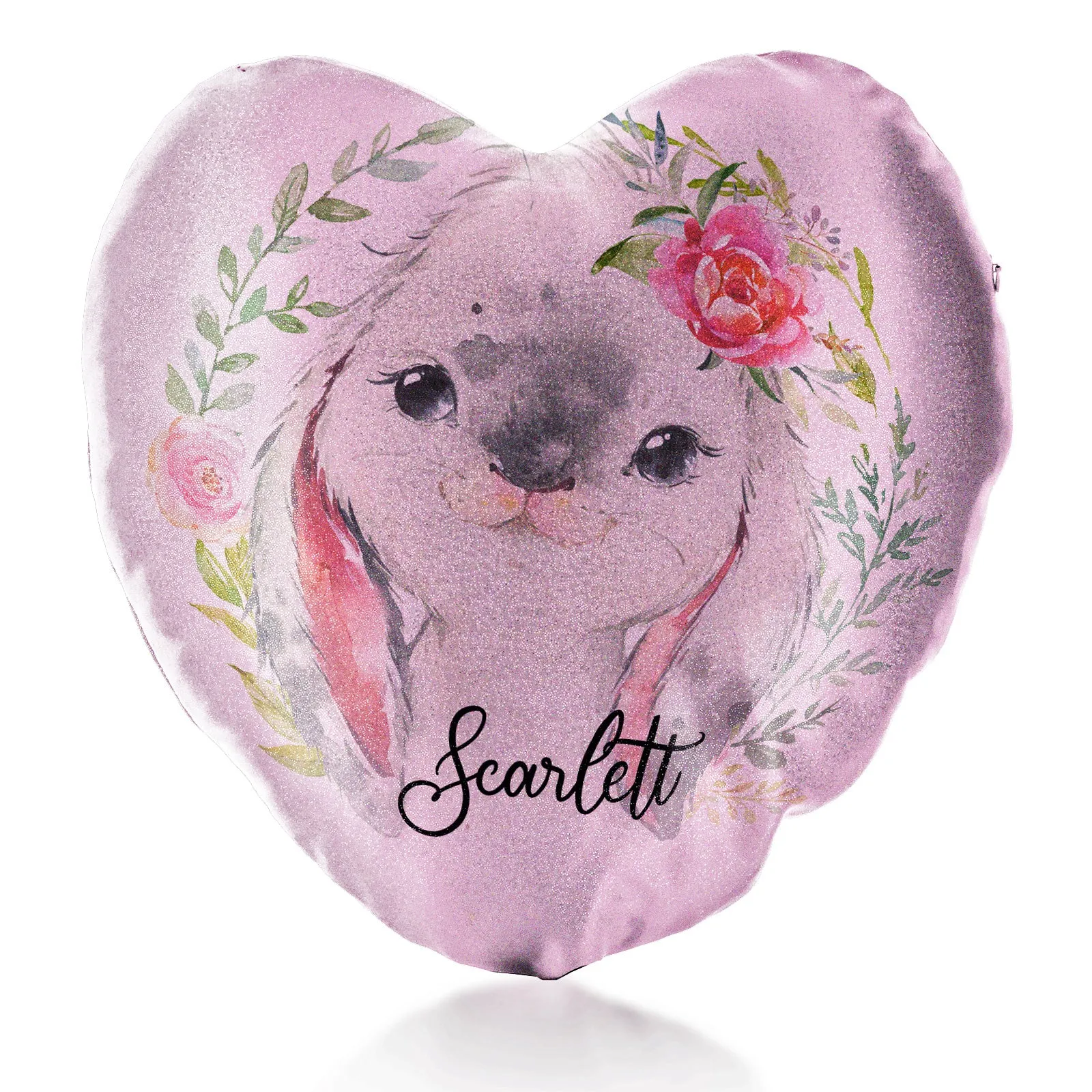 Personalised Glitter Heart Cushion with Grey Rabbit Flower Wreath and Cute Text