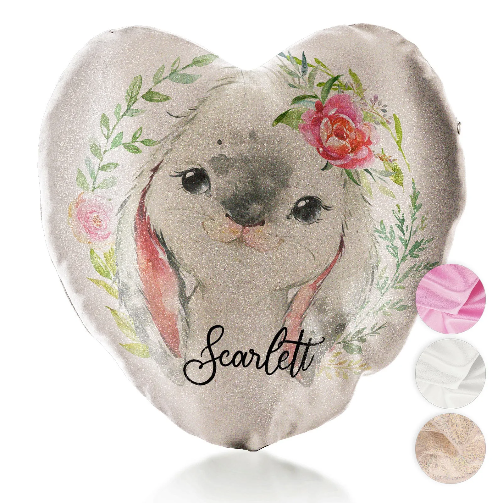 Personalised Glitter Heart Cushion with Grey Rabbit Flower Wreath and Cute Text