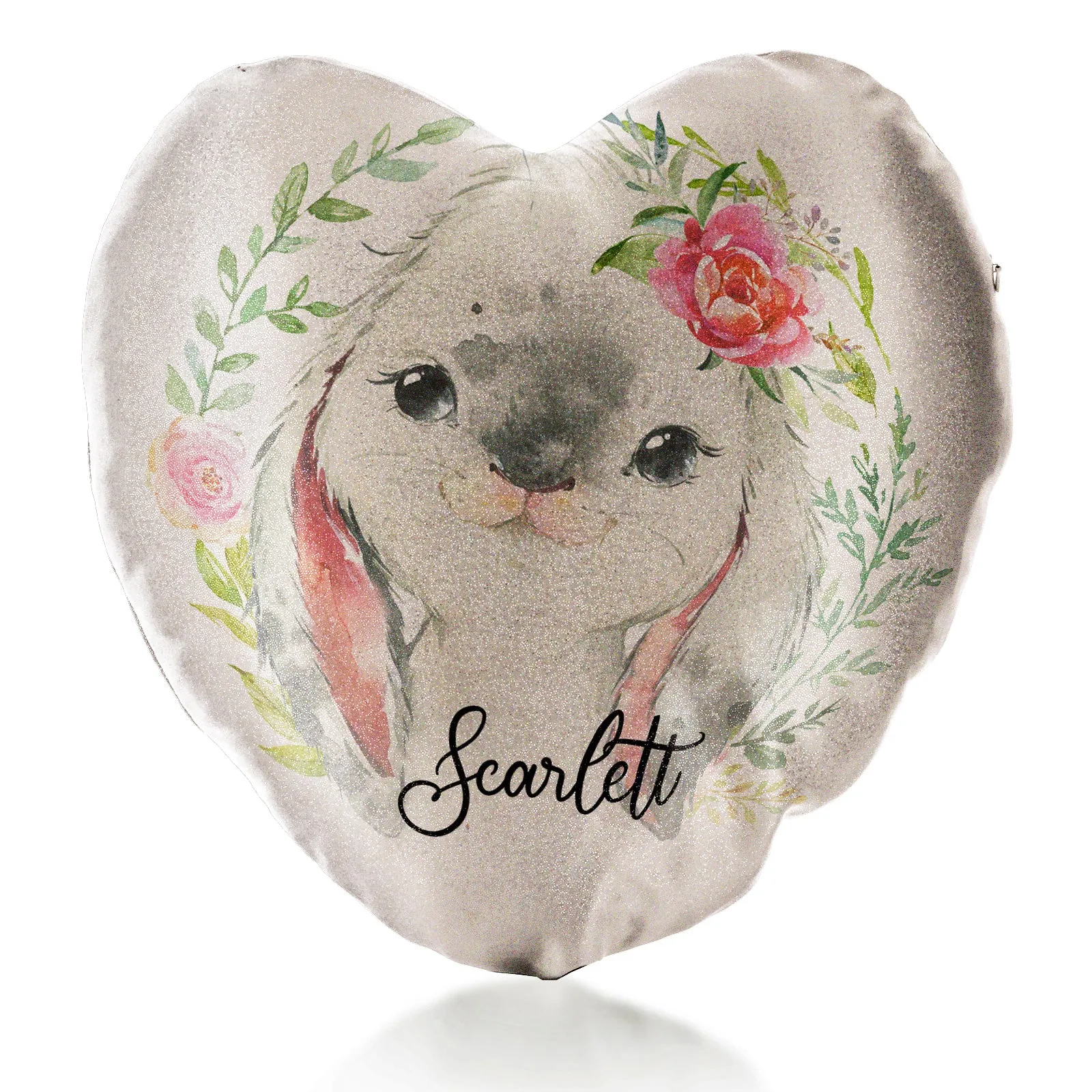 Personalised Glitter Heart Cushion with Grey Rabbit Flower Wreath and Cute Text