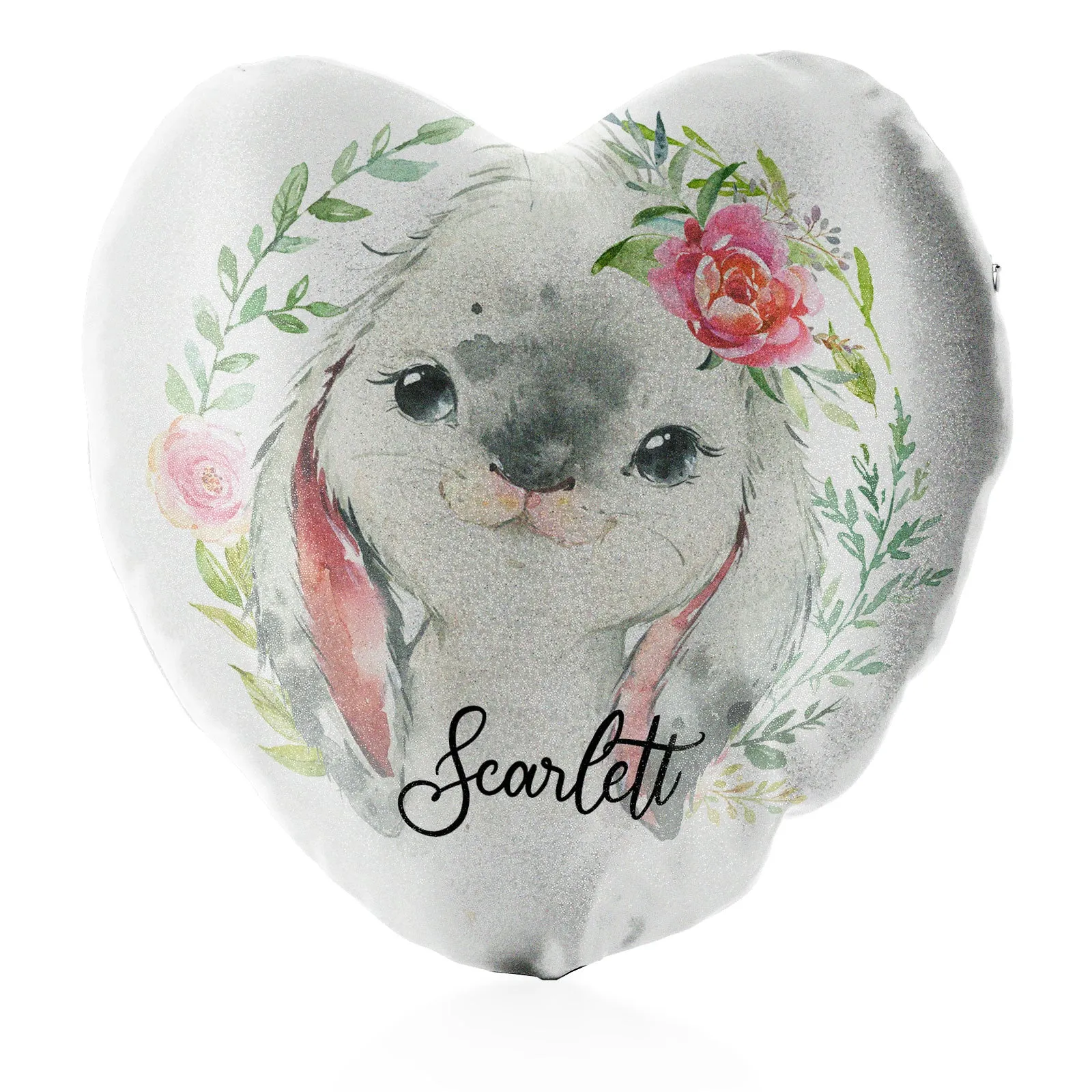 Personalised Glitter Heart Cushion with Grey Rabbit Flower Wreath and Cute Text