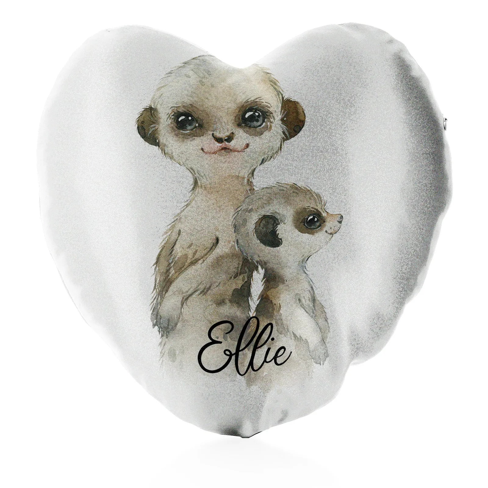 Personalised Glitter Heart Cushion with Meerkat Baby and Adult and Cute Text
