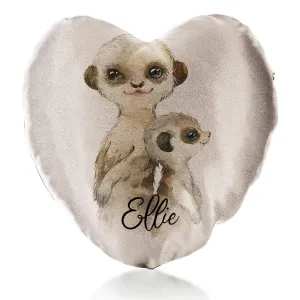 Personalised Glitter Heart Cushion with Meerkat Baby and Adult and Cute Text