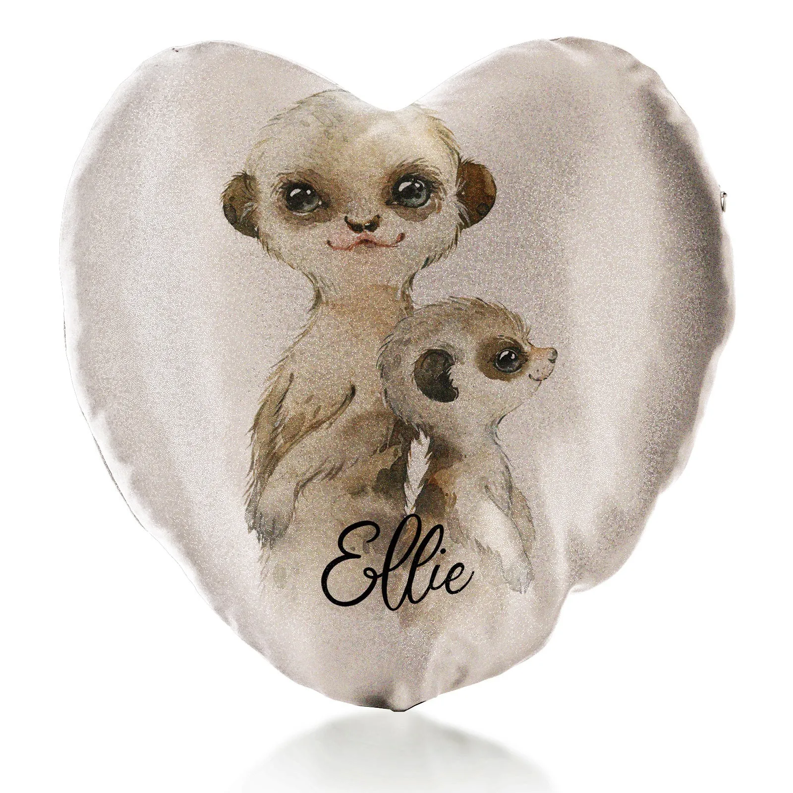 Personalised Glitter Heart Cushion with Meerkat Baby and Adult and Cute Text