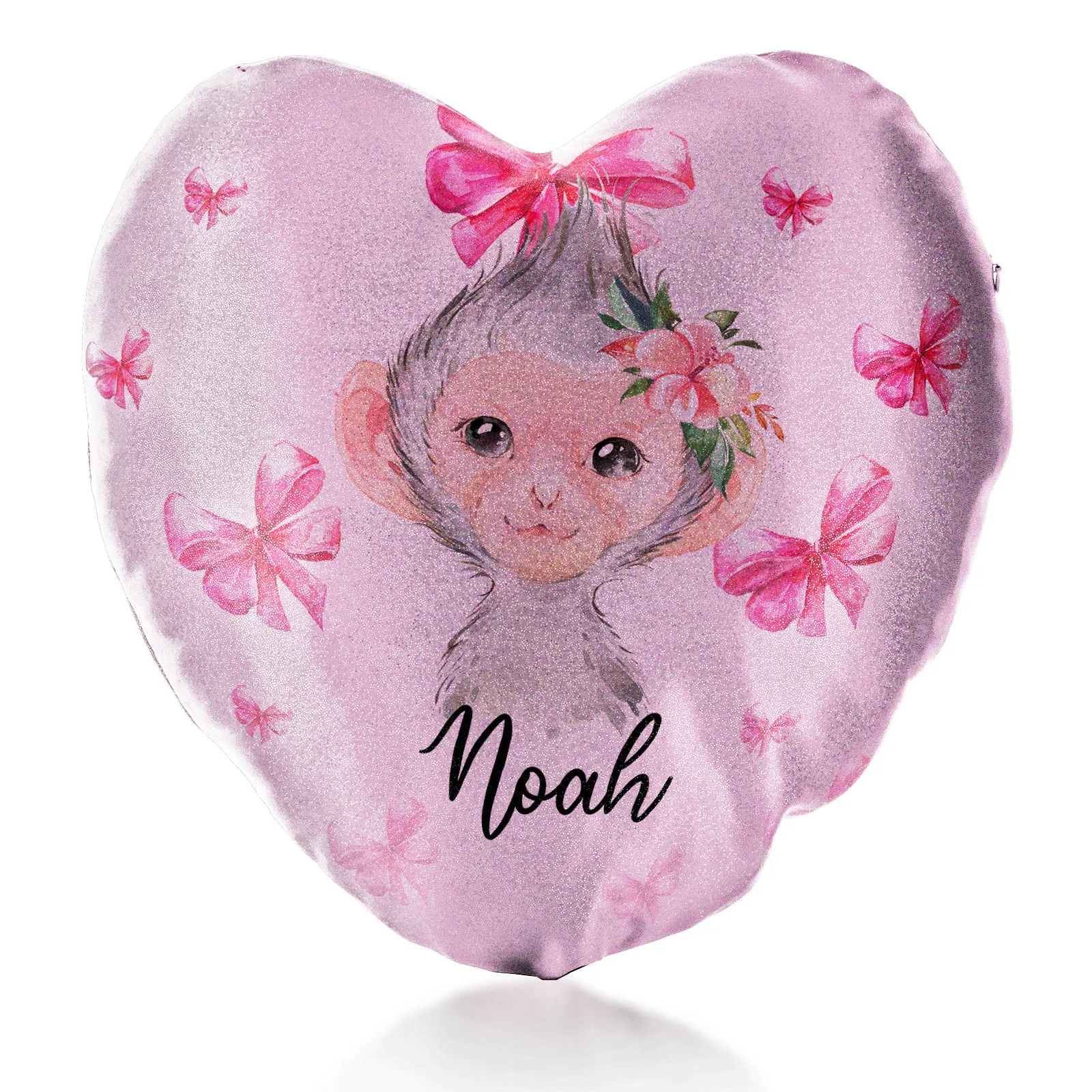 Personalised Glitter Heart Cushion with Monkey Pink Bows and Cute Text