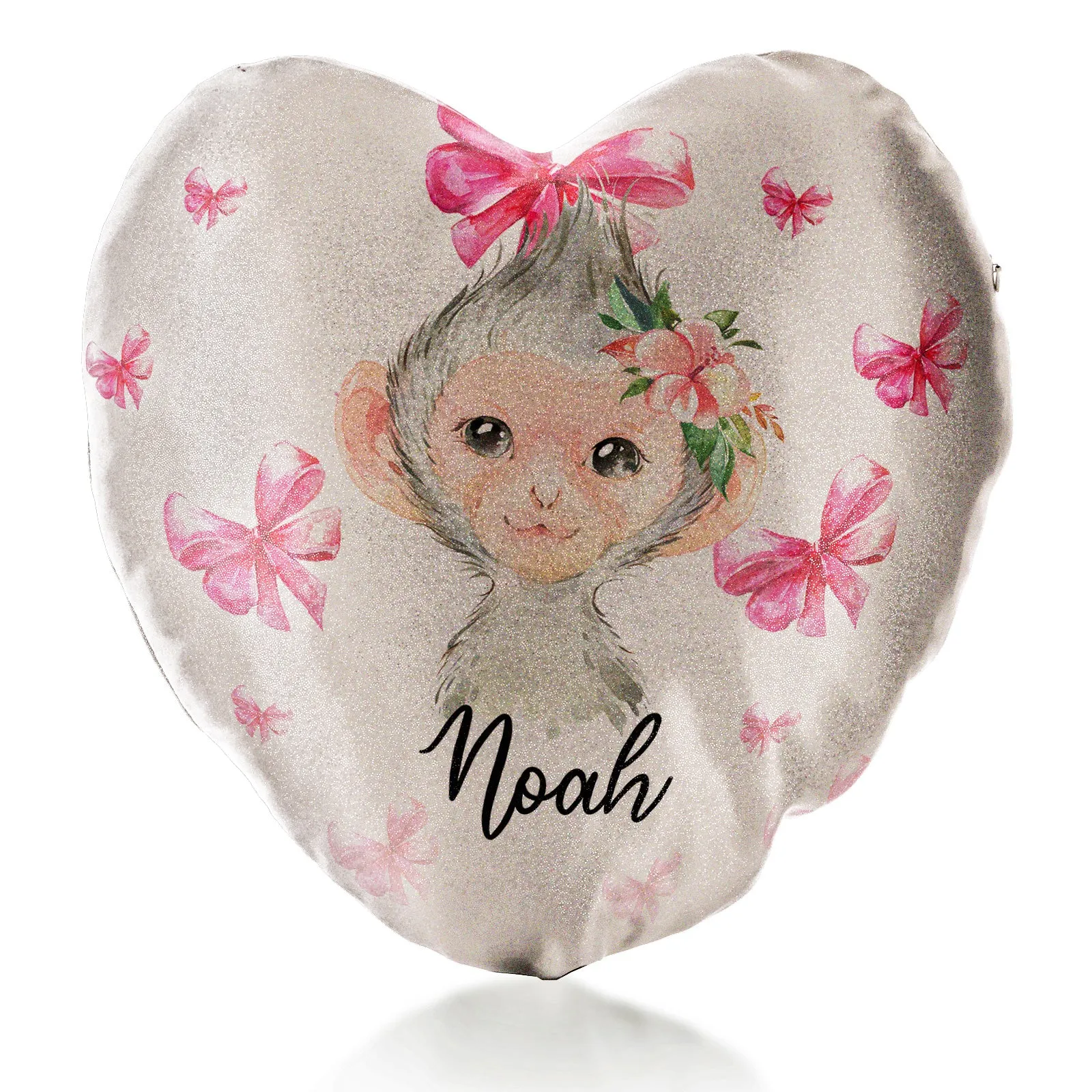 Personalised Glitter Heart Cushion with Monkey Pink Bows and Cute Text