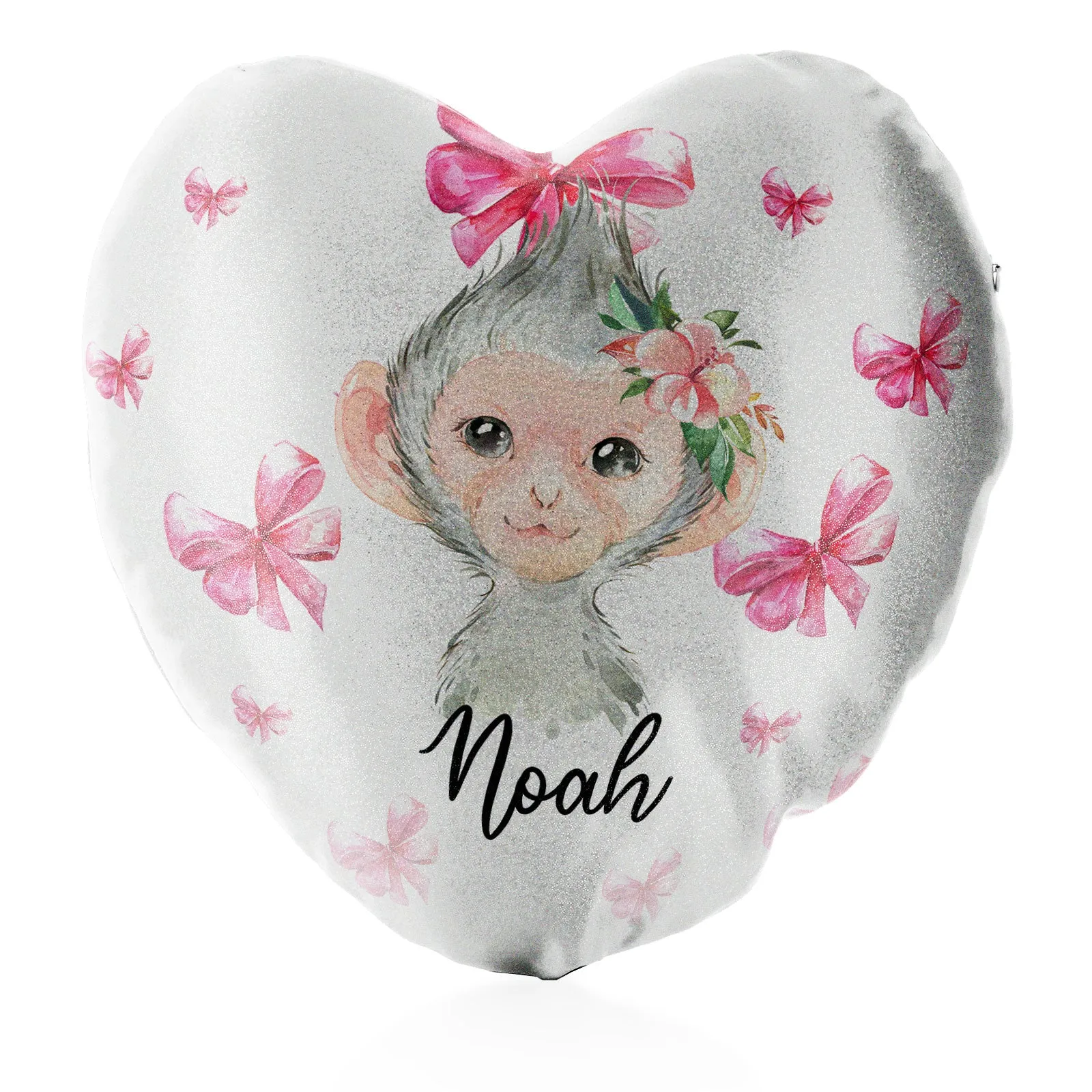 Personalised Glitter Heart Cushion with Monkey Pink Bows and Cute Text