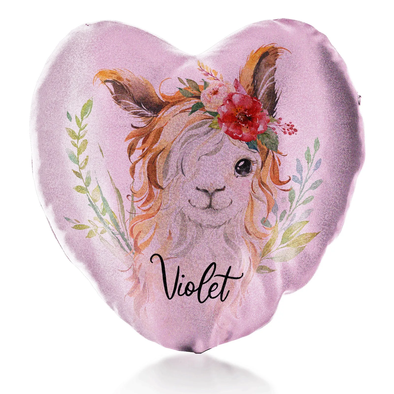 Personalised Glitter Heart Cushion with White Goat with Red Flower Hair and Cute Text