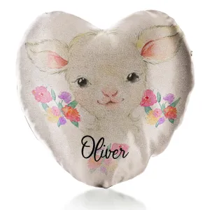 Personalised Glitter Heart Cushion with White Lamb Flowers and Cute Text