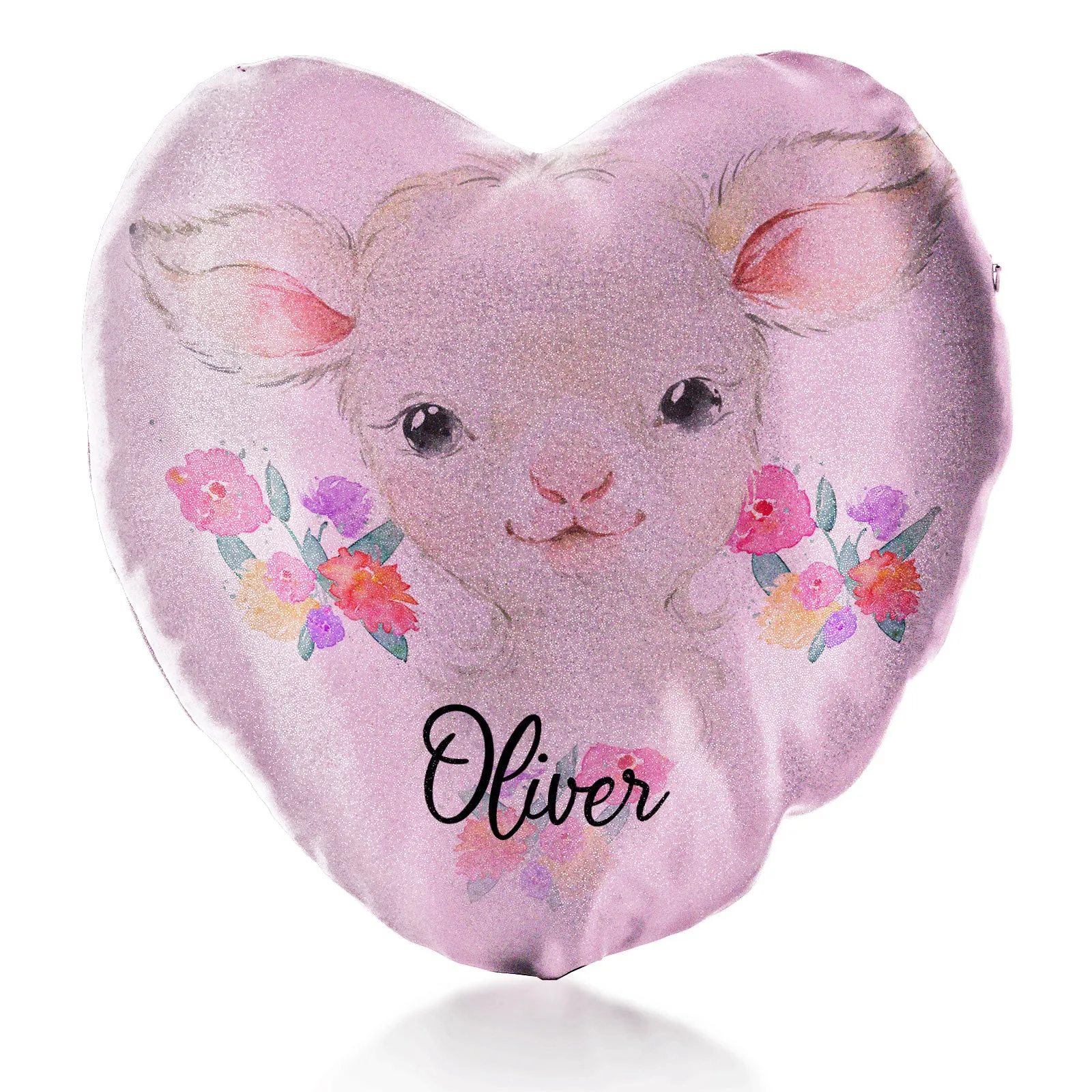 Personalised Glitter Heart Cushion with White Lamb Flowers and Cute Text