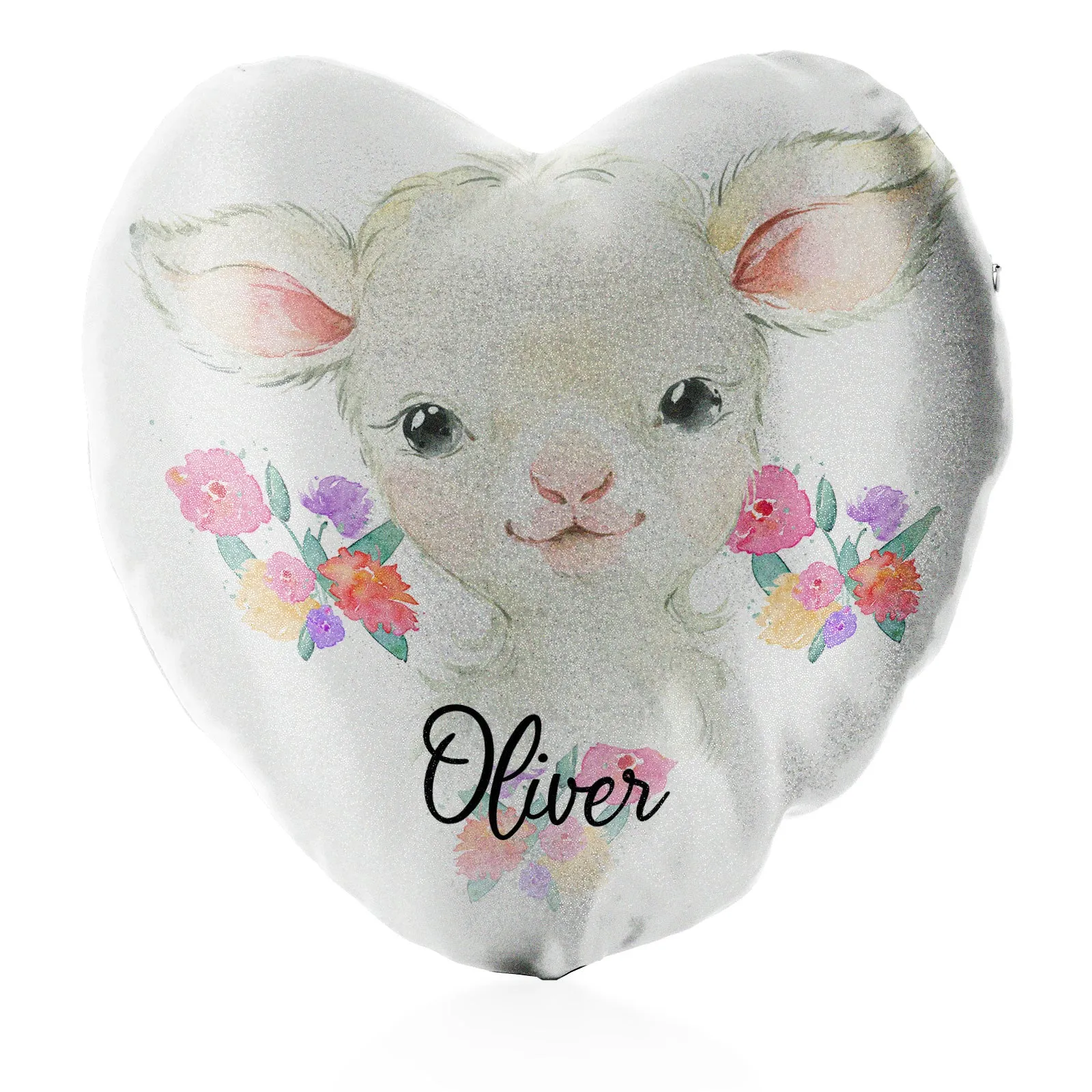 Personalised Glitter Heart Cushion with White Lamb Flowers and Cute Text
