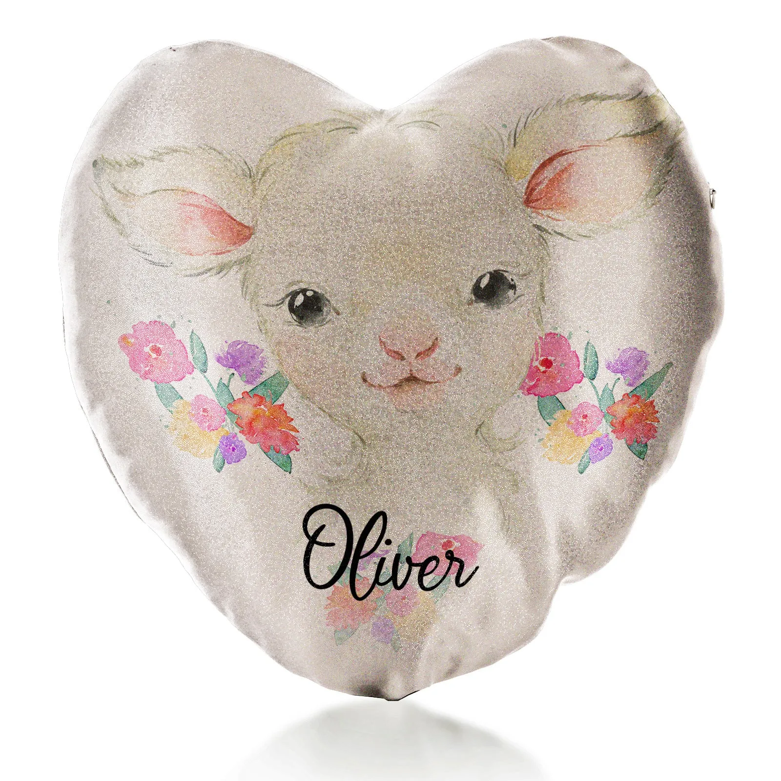 Personalised Glitter Heart Cushion with White Lamb Flowers and Cute Text