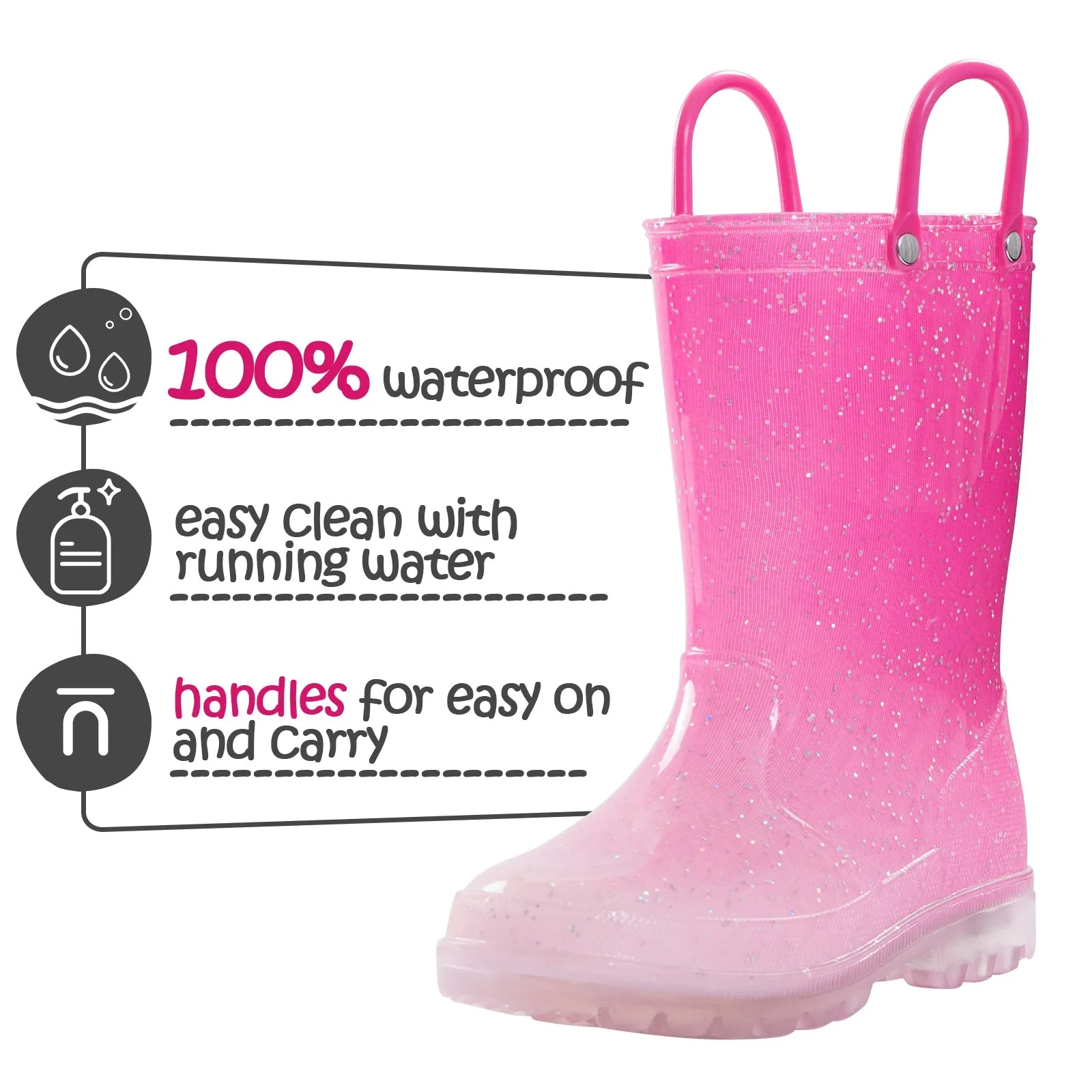 Pink Gradient Glitter Waterproof Kids Rain Boots