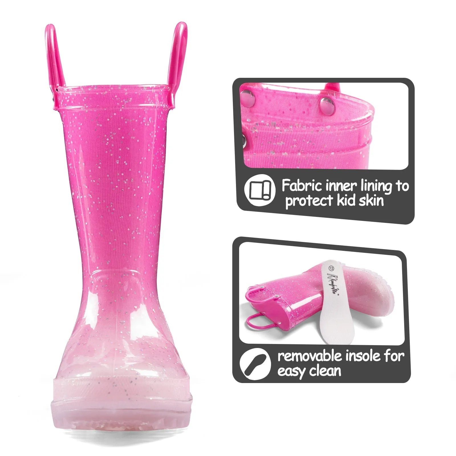 Pink Gradient Glitter Waterproof Kids Rain Boots