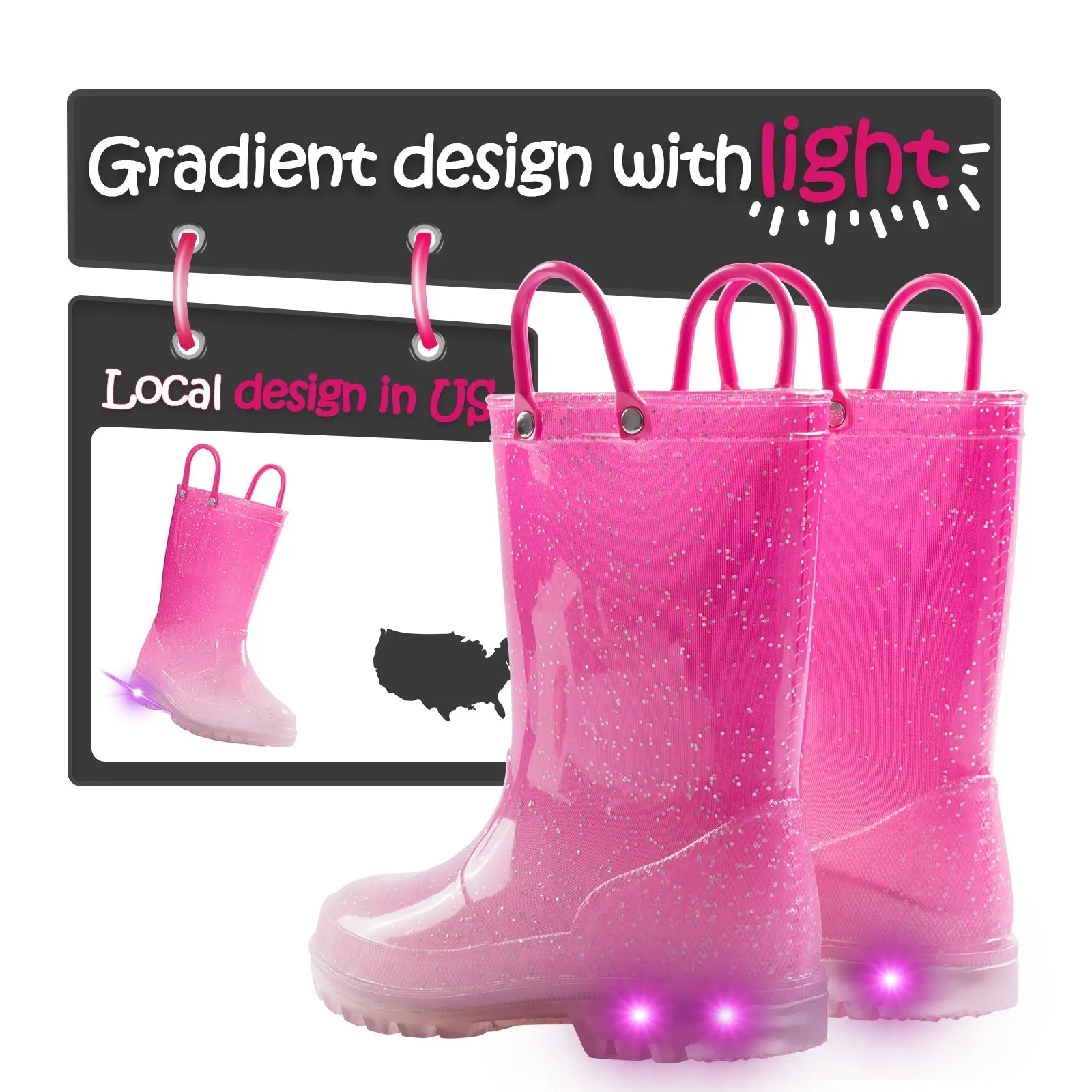 Pink Gradient Glitter Waterproof Kids Rain Boots
