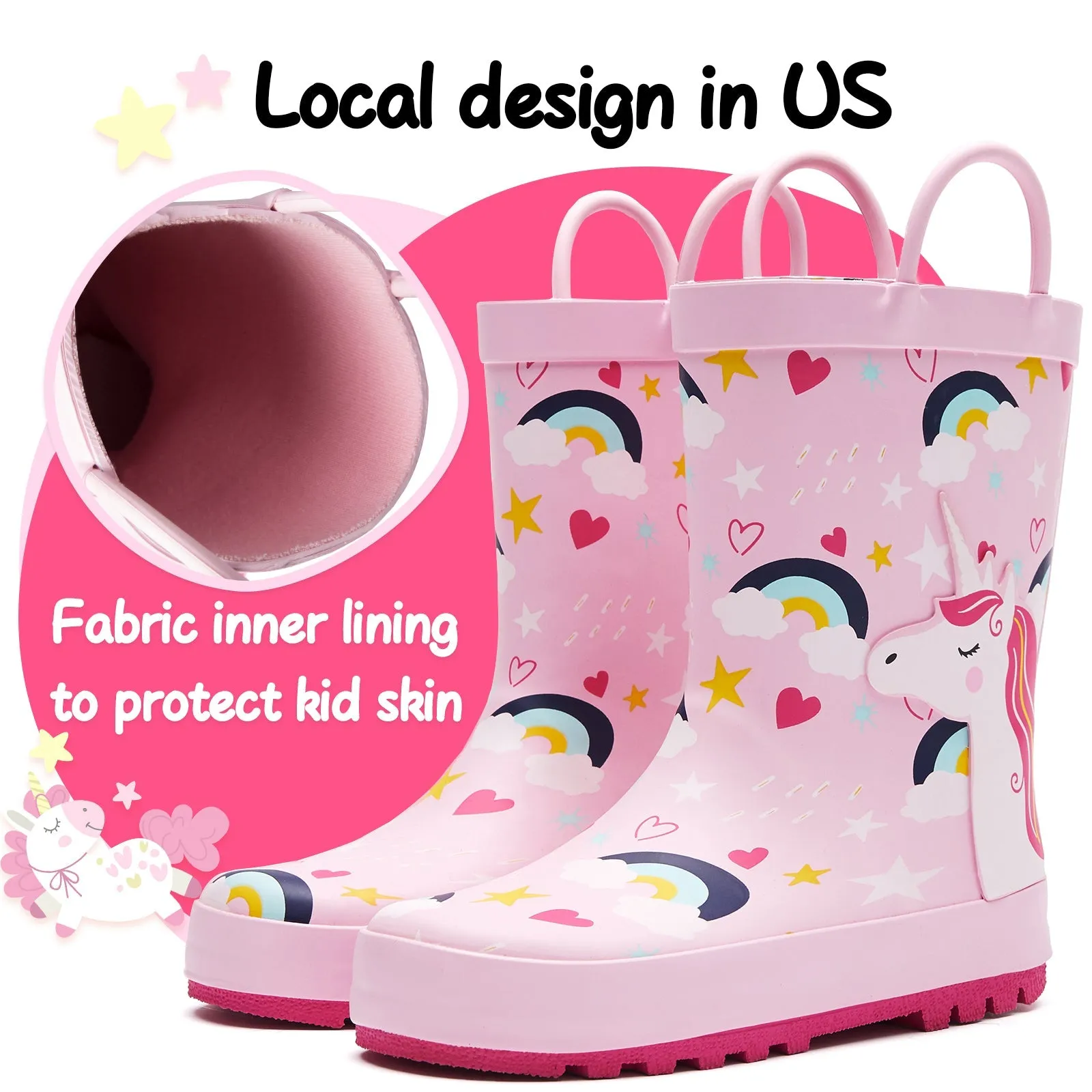 Pink Unicorn Rainbow Print Rubber Rain Boots